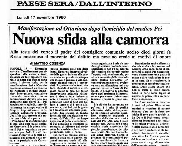 17 Novembre 1980 – Paese Sera «Nuova sfida alla camorra» Matteo Cosenza