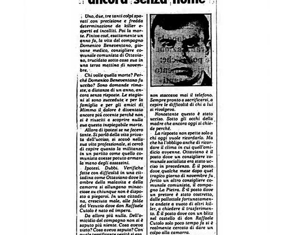 8 Novembre 1981 – l’Unità «Un anno fa moriva Mimmo Beneventano. Gli assassini ancora senza nome»