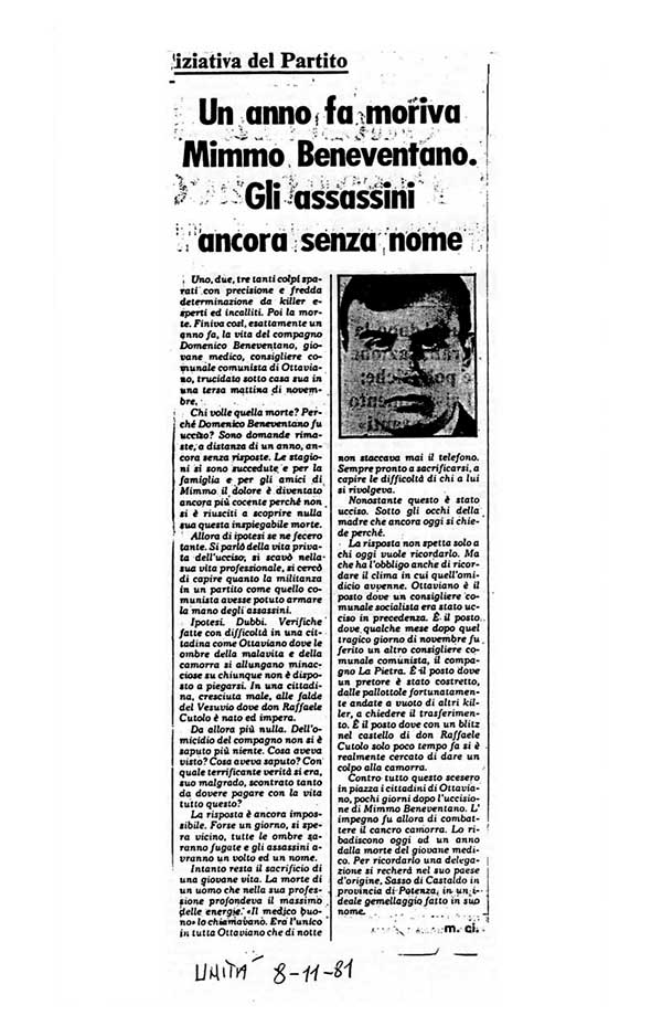 8 Novembre 1981 – l’Unità «Un anno fa moriva Mimmo Beneventano. Gli assassini ancora senza nome» 