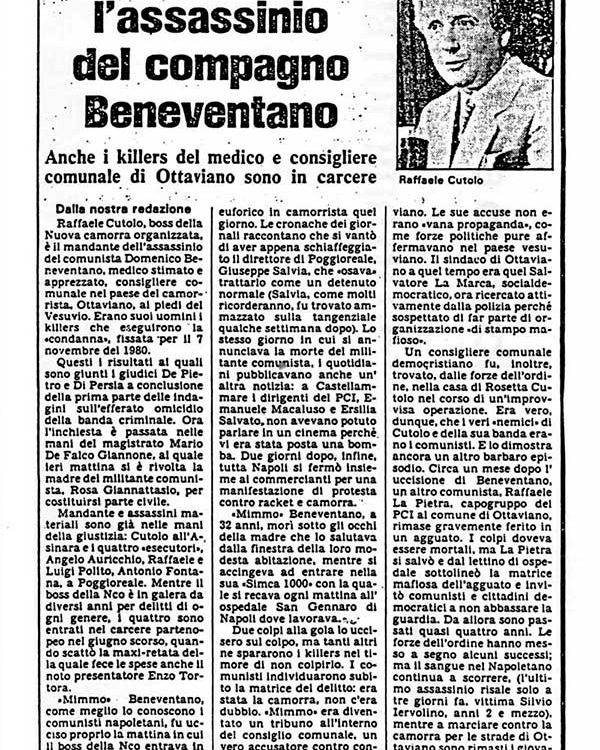 6 Gennaio 1984 – l’Unità «Cutolo ordinò l’assassino del compagno Beneventano» Maddalena Tulanti