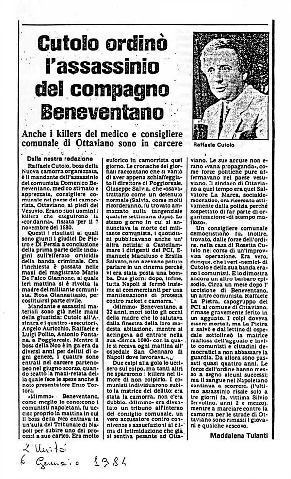 6 Gennaio 1984 – l’Unità «Cutolo ordinò l’assassino del compagno Beneventano» Maddalena Tulanti