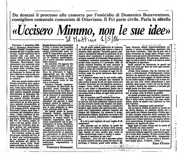1 Maggio 1986 – Il Mattino «Uccisero Mimmo, non le sue idee» Enzo d’Errico