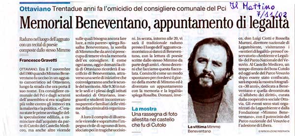 7 Novembre 2002 – Il Mattino «Memorial Mimmo Beneventano, appuntamento di legalità» Francesco Gravetti