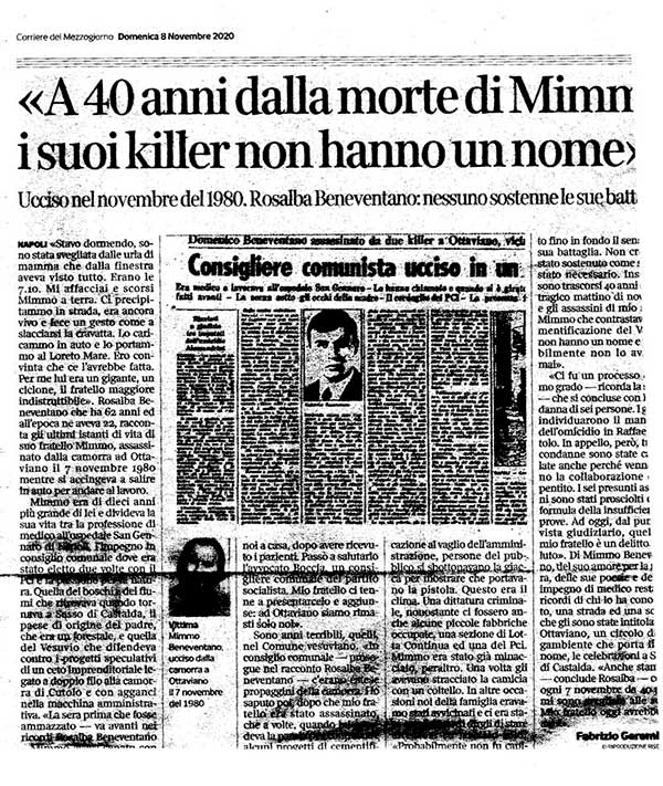 8 Novembre 2020 – Corriere del Mezzogiorno «A 40 anni dalla morte di Mimmo i killer non hanno un nome»