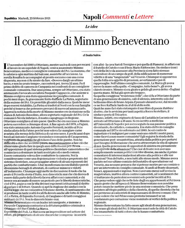 23 Febbraio 2021 – la Repubblica Napoli «Il coraggio di Mimmo Beneventano» Isaia Sales