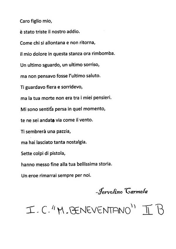 Caro figlio, poesia di Carmela Iervolino, alunna dell’Istituto Comprensivo ““Mimmo Beneventano” di Ottaviano (Napoli)