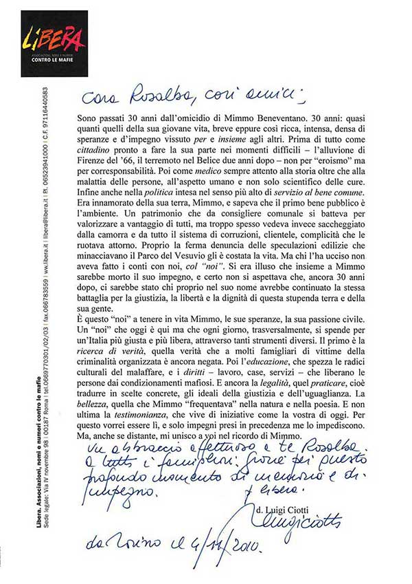 Lettera di don Luigi Ciotti, Presidente dell’Associazione Libera, in occasione del 30° anniversario