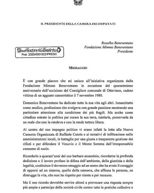 Lettera di Roberto Fico, Presidente della Camera dei Deputati, in occasione del 40° anniversario dell’uccisione di Mimmo Beneventano