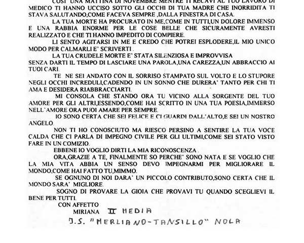 Caro Mimmo, lettera di Miriana, alunna della scuola secondaria di I Grado “Merliano-Tansillo” di Nola (Napoli)